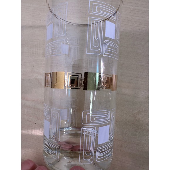 8 Vintage 1950's Block Geometric Tom Collins Glasses Gold Rim Metal Carrier - Picture 7 of 12